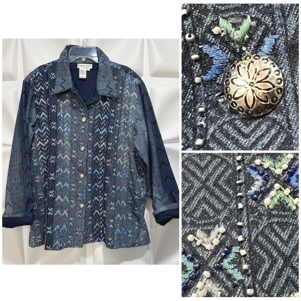 Coldwater Creek Womens Sz XL Blue Denim Beaded Embroidered Jacket Western Aztec